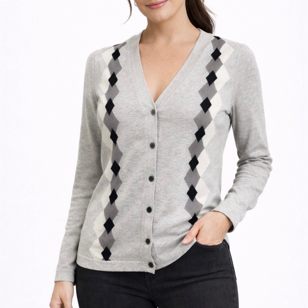 Mexx Light Gray Argyle Cardigan Sweater